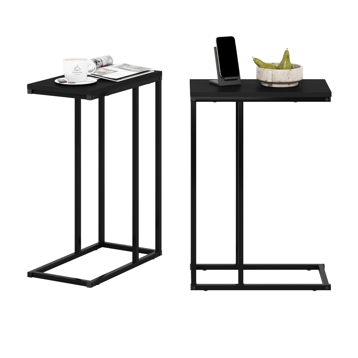 Furinno CAMNUS Side Table Set of 2, C-shape Sofa End Table for Couch, Metal Frame Night Stand, Bedside Table, for Living Room, Bedroom, Americano