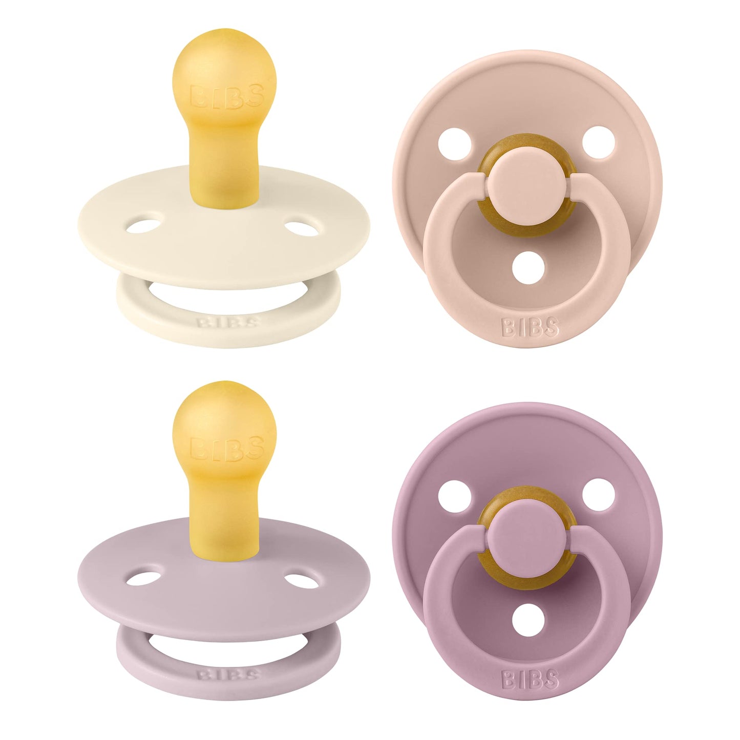 BIBS Dummies Colour 4-Pack, BPA Free Dummy Pacifier, Round Nipple Soothers, Natural Rubber Latex, Made in Denmark. 0-6 Months (Pack of 4), Baby Girl