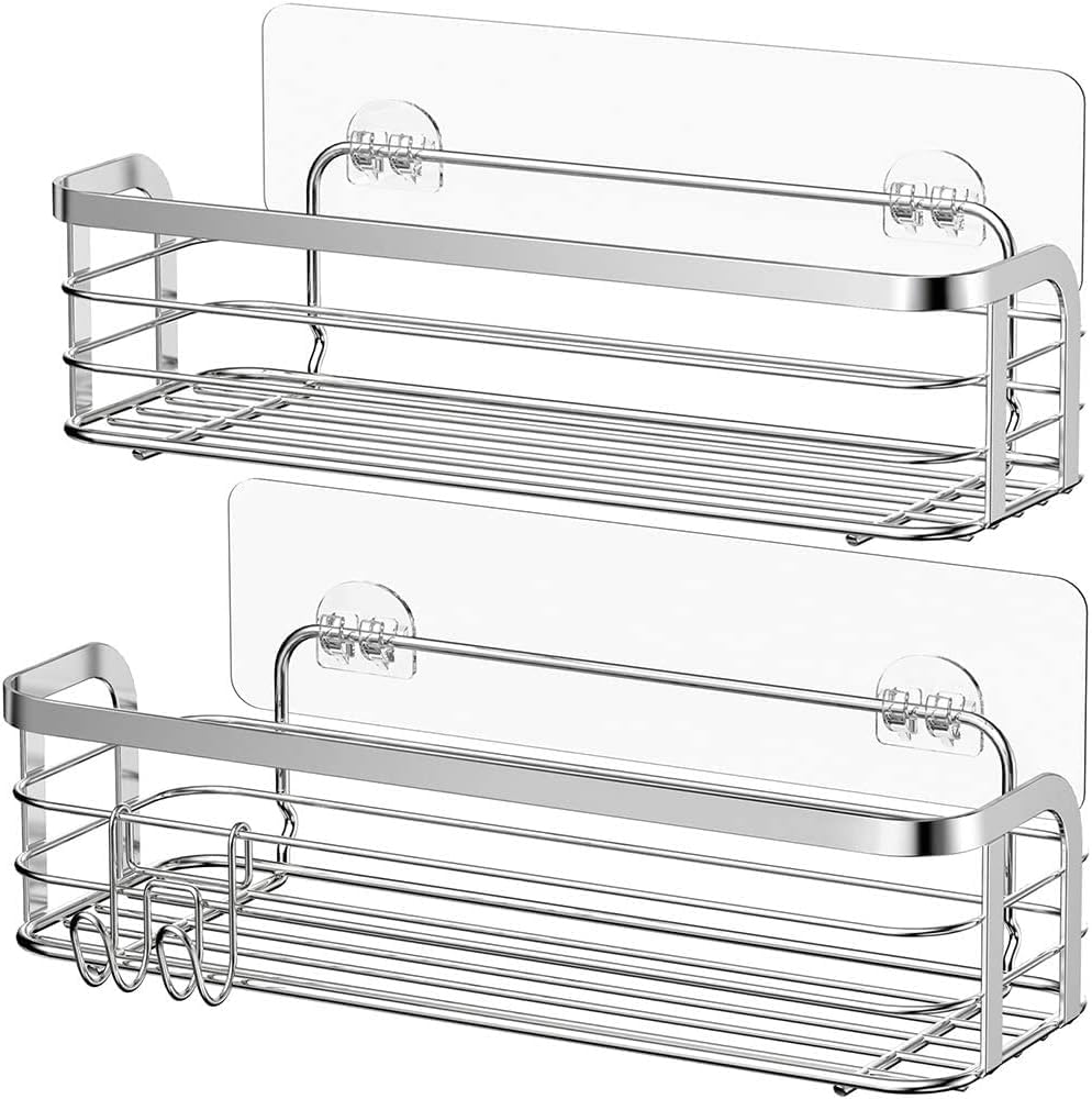 Avoalre Shower Shelf Adhesive 2 Pack Bathroom Caddy No-drilling With Movable Razor Hook Rustproof Organiser Basket Wall Mounted Stainless Steel SUS304