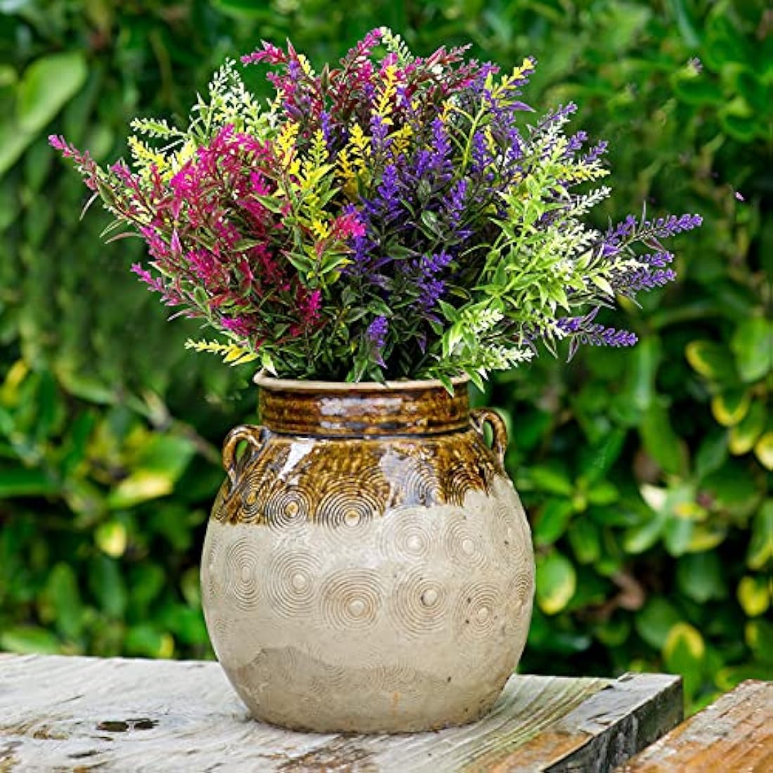 Xinnun 24 Bundles Flowers Outdoor Plants Fake Lavender Plant Artificial Greenery Decoration UV Resistant Plastic Faux Flowers for Home Garden Porch Courtyard Outdoor Indoor