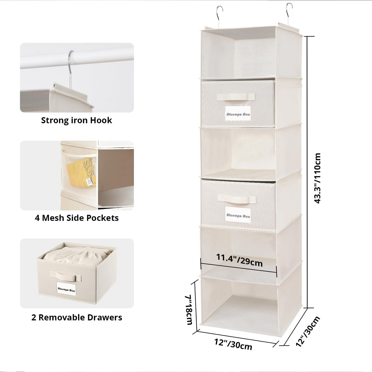 BrilliantJo Hanging Wardrobe Organiser 6 Shelves with 2 Removable Drawers Closet Storage, hanging Shelves Unit with 4 Pockets for Clothes