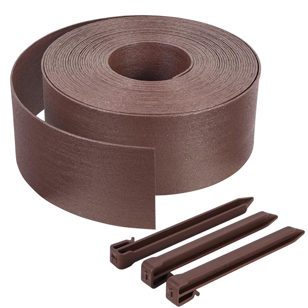 VOUNOT PE Garden Edging 20 Metres with 12 Anchor Pegs Flexible Lawn Edging Natural Look Height 13 cm Thickness 4 mm Brown