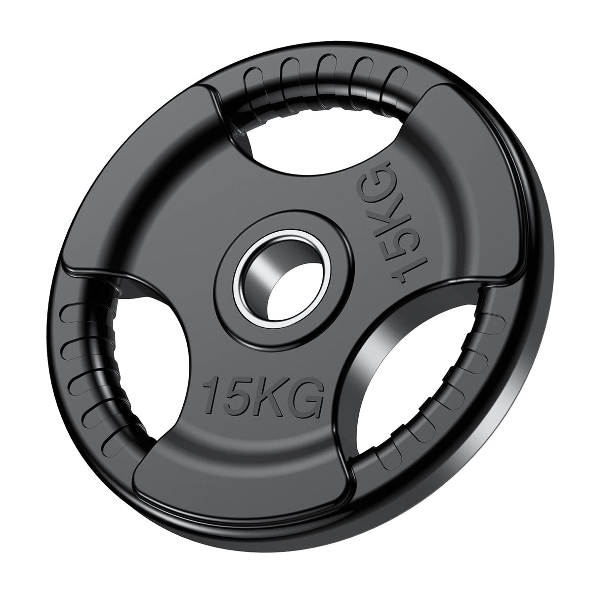 PhysKcal Olympic Weight Plates 1 x 15kg with Rubber Finish 2?? Opening and Tri-Grips, Black Barbell Plates Discs for Lifting and Strength Training,