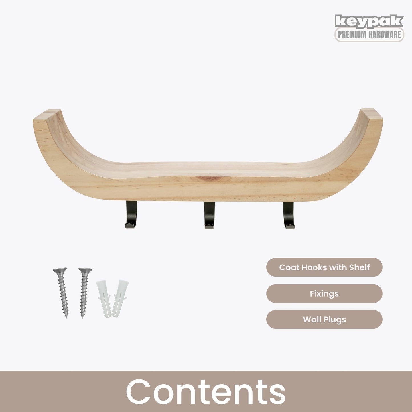 keypak Scandi Wooden Curved Key Holder, Shelf with 3 Hooks