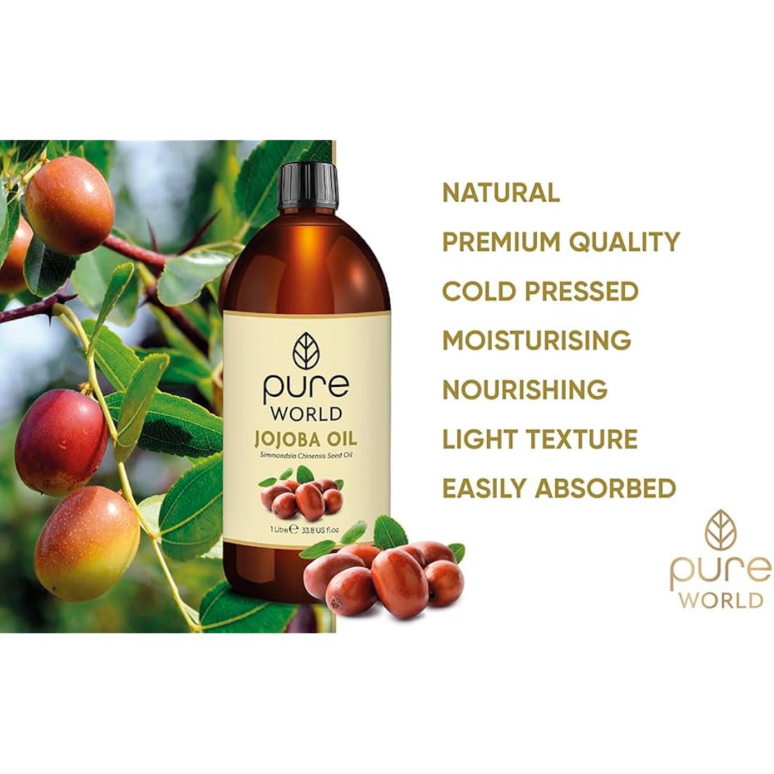 Pure World Natural Jojoba Oil… Jojoba Oil, 1 Litre Jojoba Oil Cold Pressed 100% Pure and Undiluted