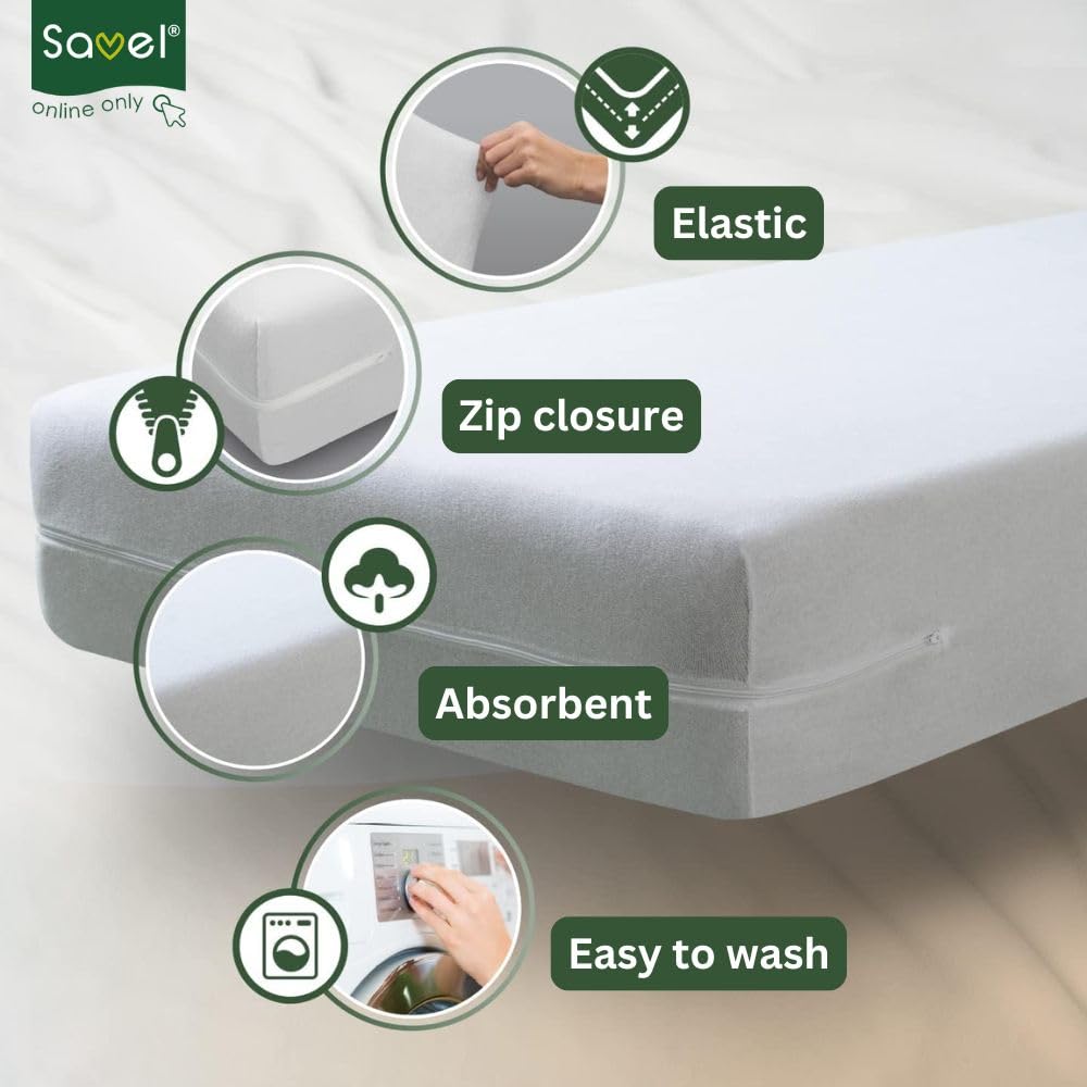 SAVEL Mattress Encasement 120x190/200cm Small Double Adjustable and Elastic Absorbent and Waterproof