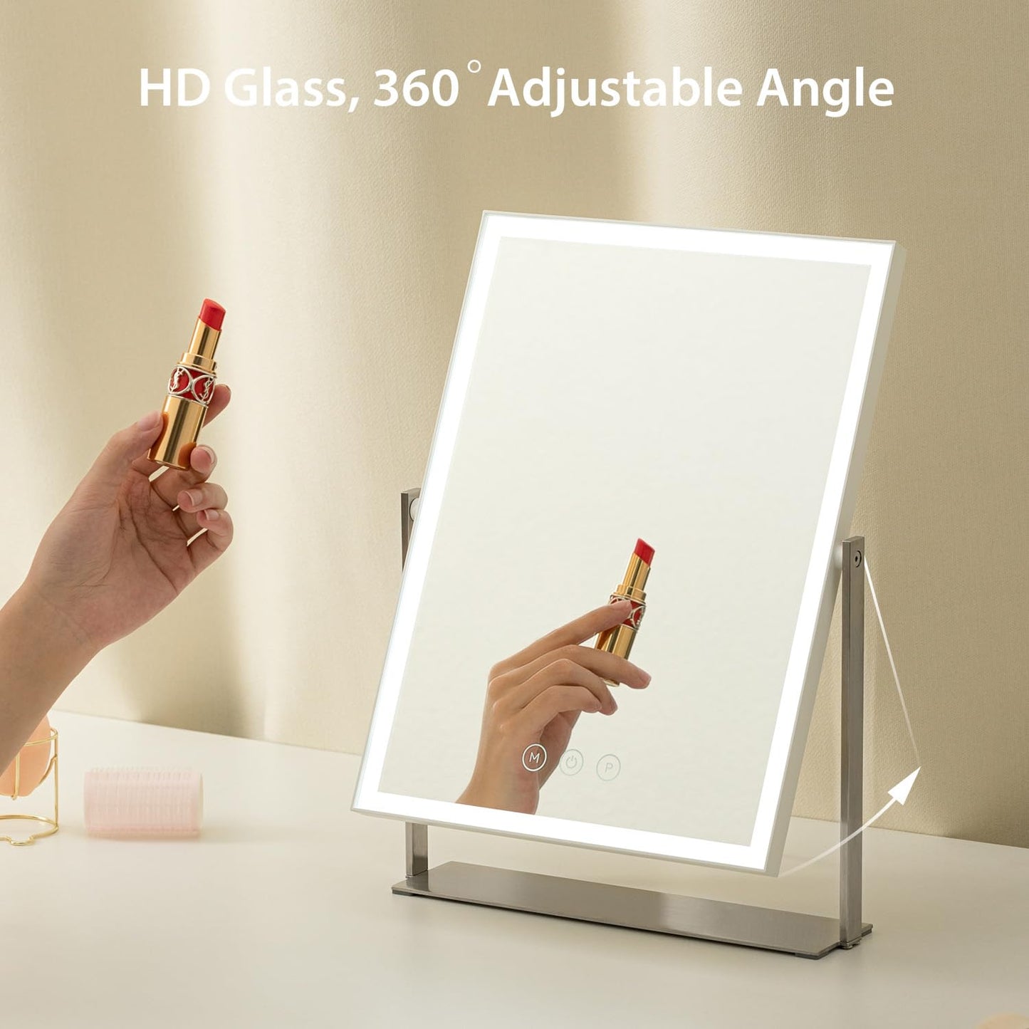 NEZZOE Rechargeable Makeup Mirror with Light, 35cm Rectangular Vanity Mirror with 3 Color Light, 360Ratation LED Mirror, Metal Stand Base Dressing
