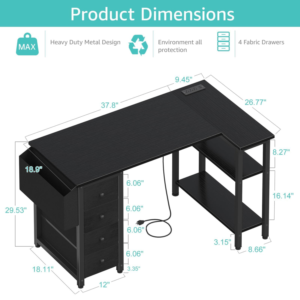 Lufeiya L Shaped Gaming Desk with Drawers & Storage Shelves, 120CM Corner Computer Desk with UK Power Outlet for Home Office Bedroom