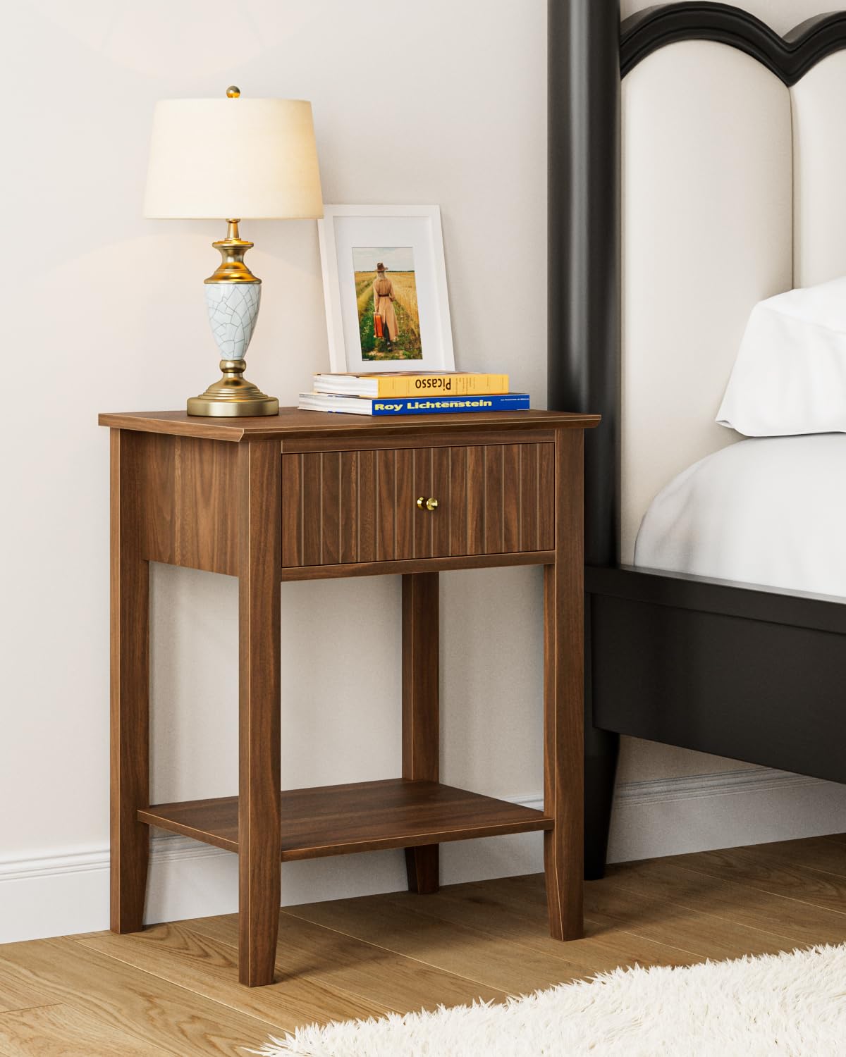 HEYZOEY Bedside Table Chest of 1 Drawer, Bedside Cabinet Wooden Nightstand, Modern Side Table for Living Room,Bedroom,Office,Château Walnut