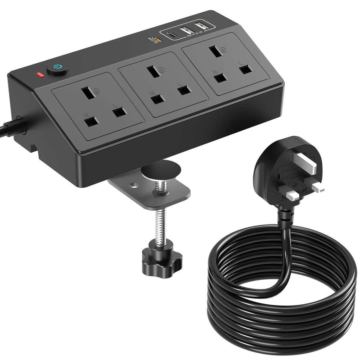 Desk Power Socket with USB C Slots, HAFINO PD 20W Fast Charging Power Station, Extension Lead with USB Slots 3M with Removable Clamp, Desktop Power