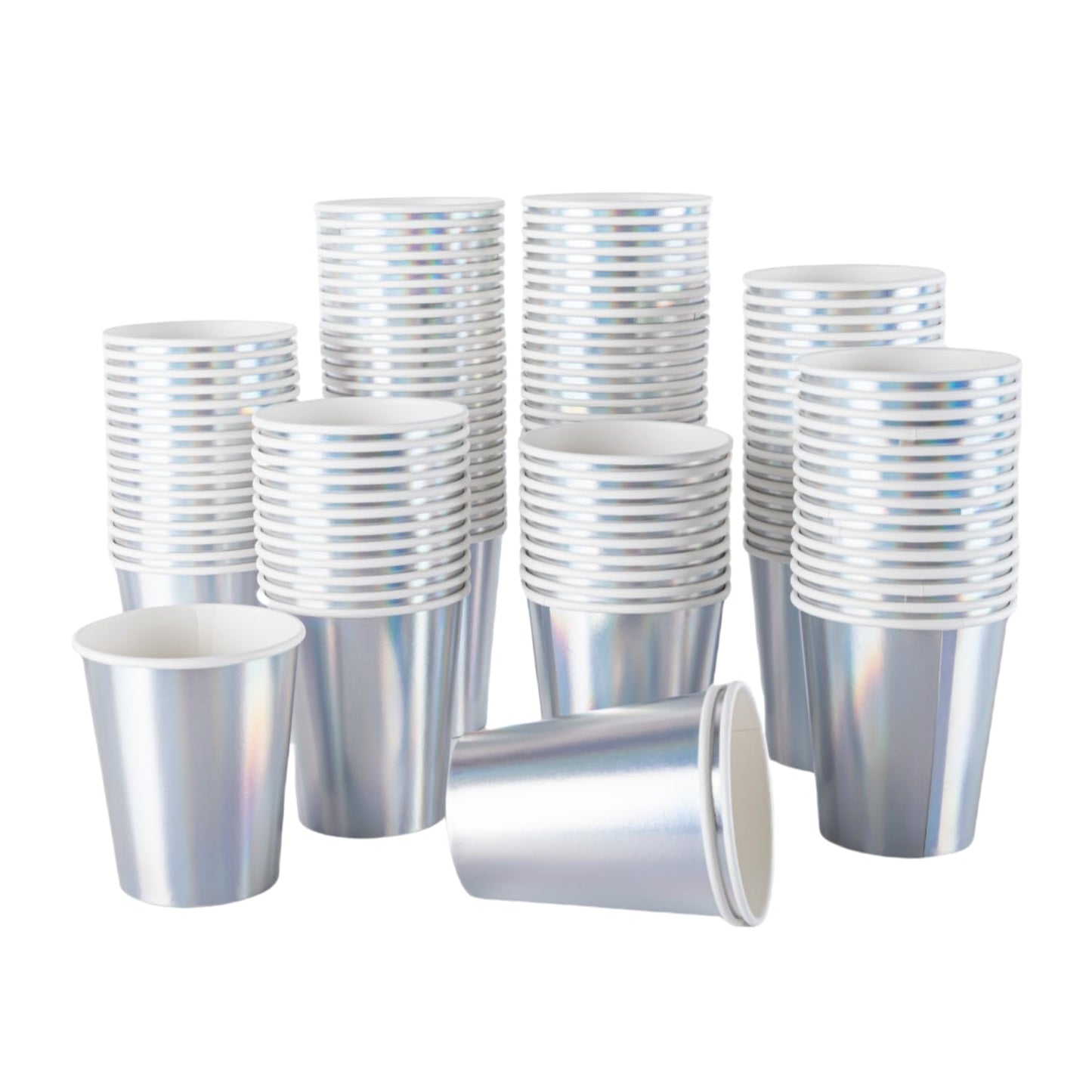 CEILIWEN 100 Pack 9oz Iridescent Holographic Rainbow Paper Cups - 250ml Shiny Metallic Silver Party Cups for Hot & Cold Drinks