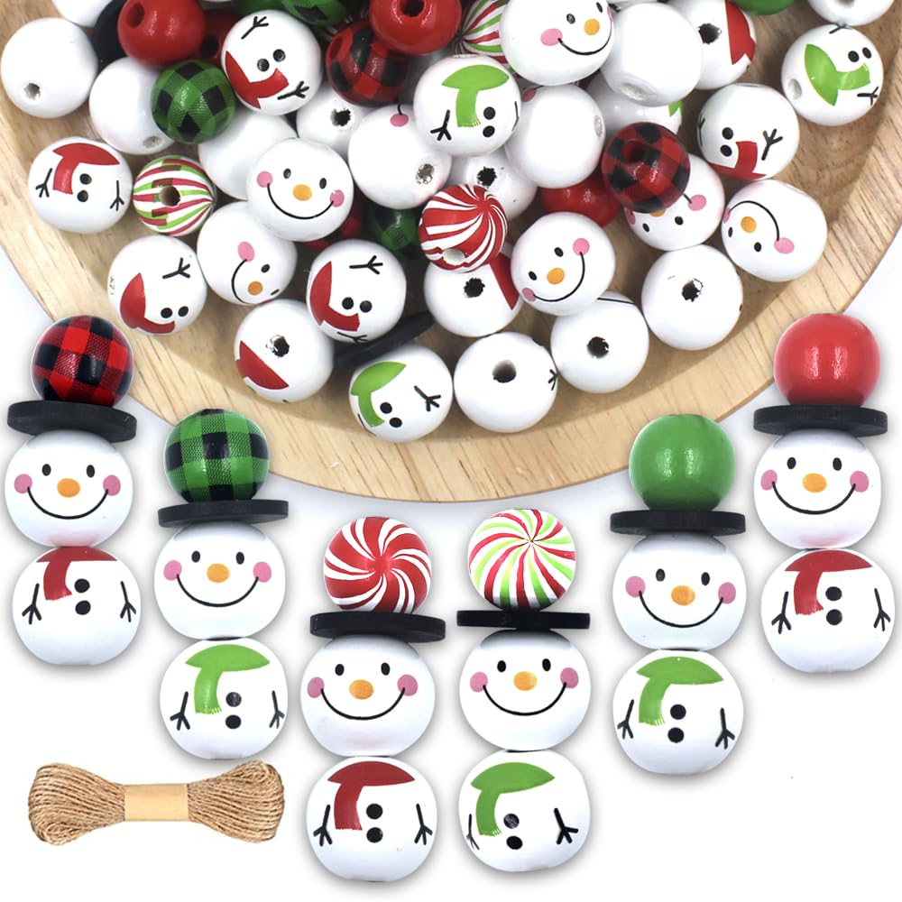 120 PCS Snowmen Wooden Beads, Christmas Wood Beads with Twine Scarf, Colorful Green Red Buffalo Plaid Winter Wooden Round Bead for DIY Crafts