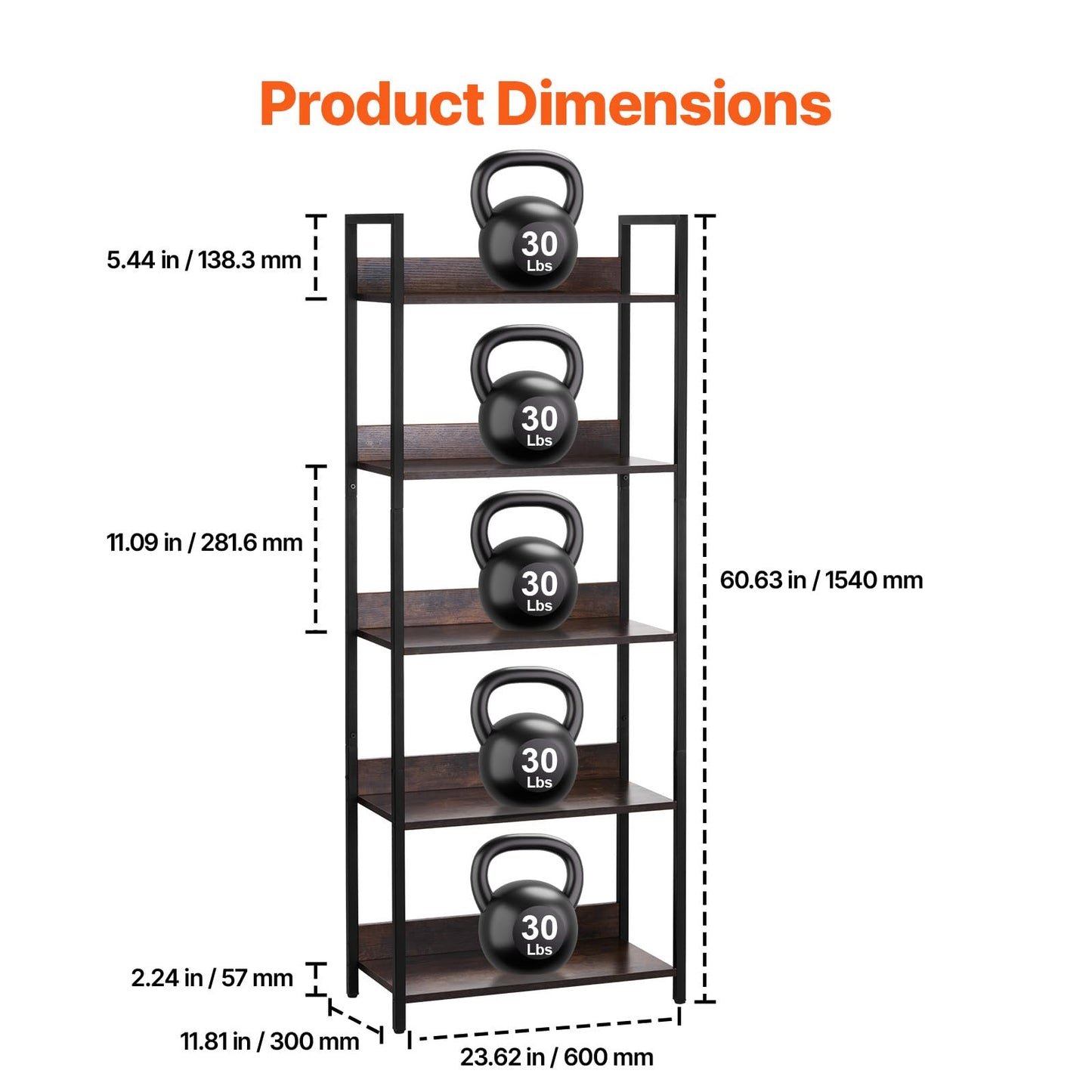 VEVOR Metal Bookshelf, 5-Tier Tall Industrial Bookshelf, Rustic Display Vintage Storage Bookcase with Open Shelves