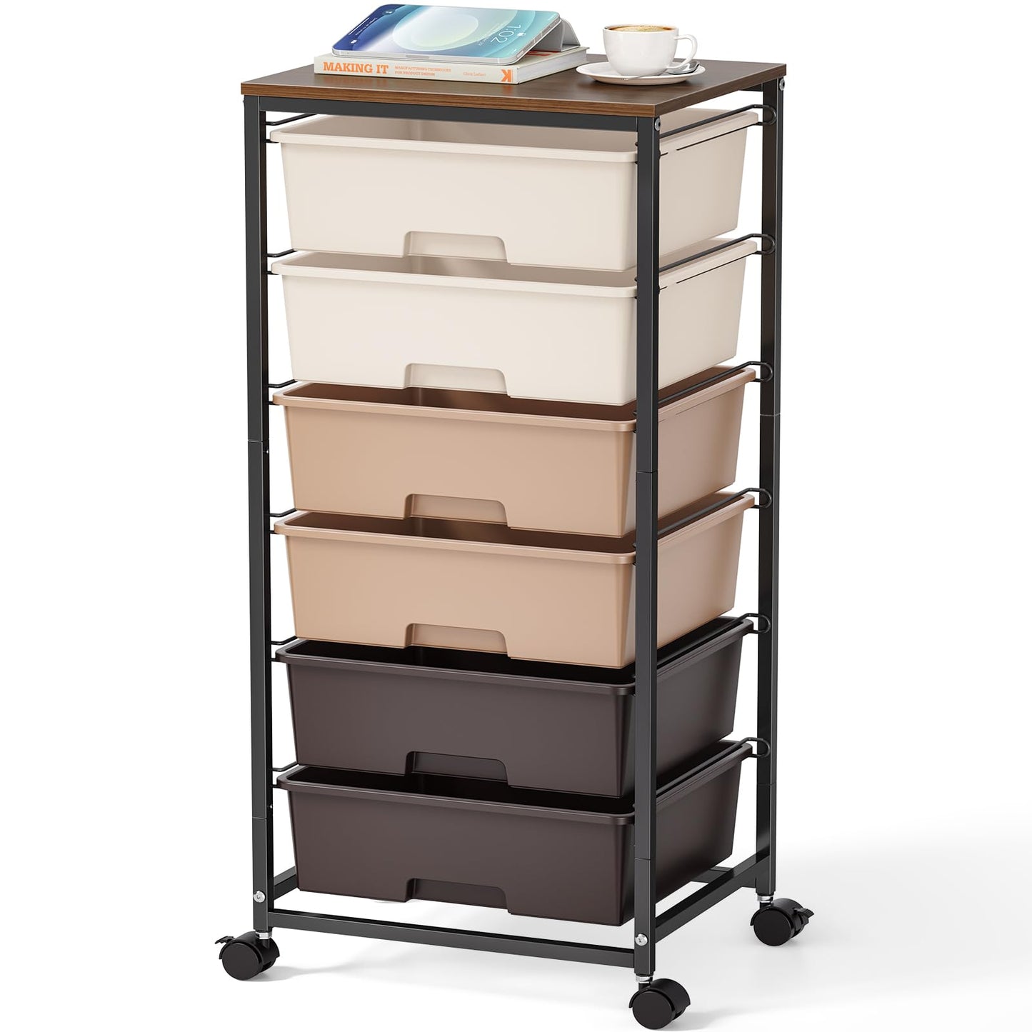 6-Drawer Craft Organizer Trolley Cart with Wooden Top, Brown