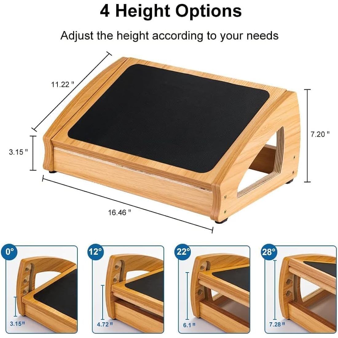 StrongTek Adjustable Under Desk Footrest, Ergonomic Foot Rest for Under Desk with 3 Height Position, Wooden Foot Stool Under Desk with Anti-Slip Surface, Adjustable Foot Stool for Home Office, Natural