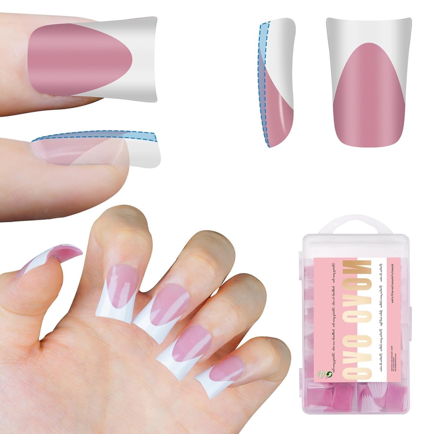 NOVO OVO French Tip Short Duck Nail Tips Press on, Pre-designed Soft Gel Nail Extension, BERRY PINK Pre-applied Tip Primer & Base Coat, Full Cover