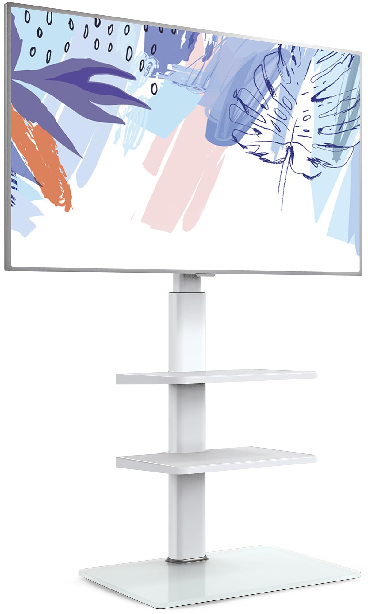 FITUEYES White TV Floor Stand for 32 to 60 inch TVs, Floor Standing TV Stand with 2 Adjustable Shelves, Swivel Bracket, Height Adjustable, Holds