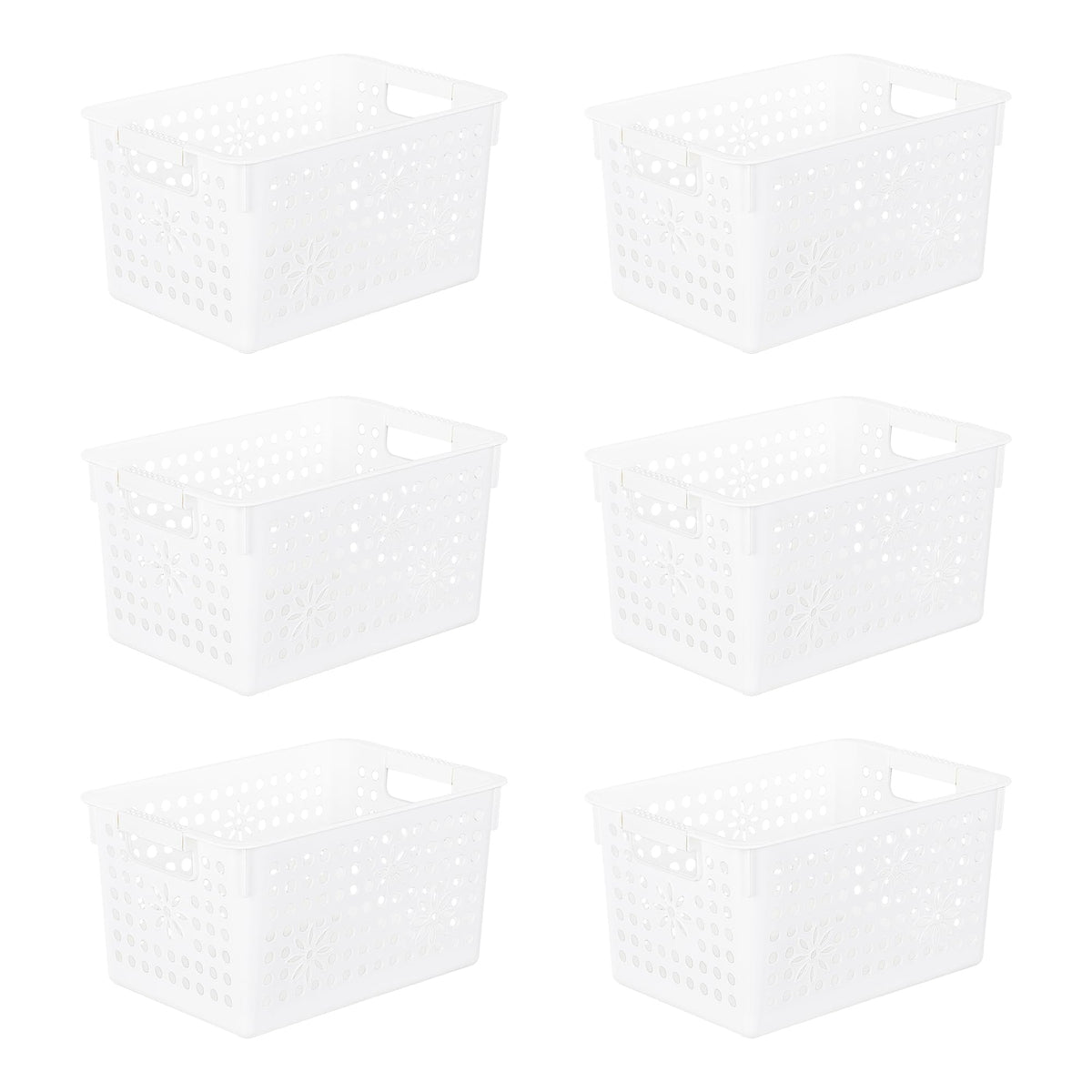 Cetomo Plastic Storage Box, Storage Baskets with Handle, Shelf Basket Organizer with Hole, Open Top Storage Bin for Home Kitchen Office, White