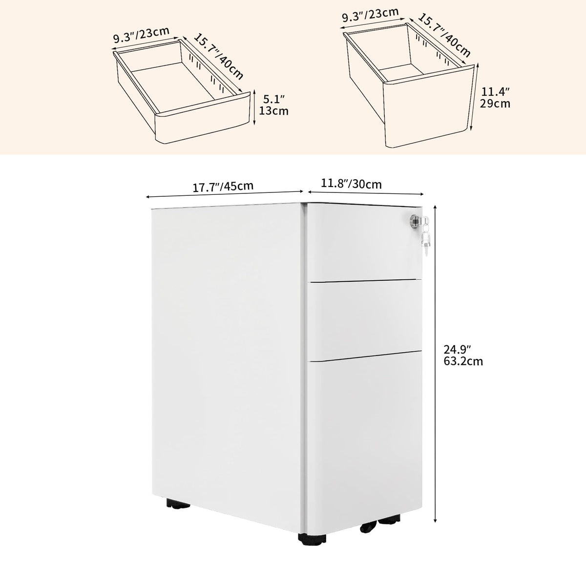 DWVO 3 Drawer Lockable Filing Cabinet Mobile Steel Office White 30x45x61cm