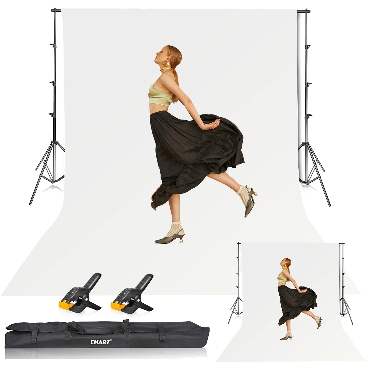 EMART White Backdrop with Stand, 8.5x10ft(2.6x3m) Photography Background Support Kit with 10x12ft (3x3.6m) Screen for Portrait, Video, Shooting,