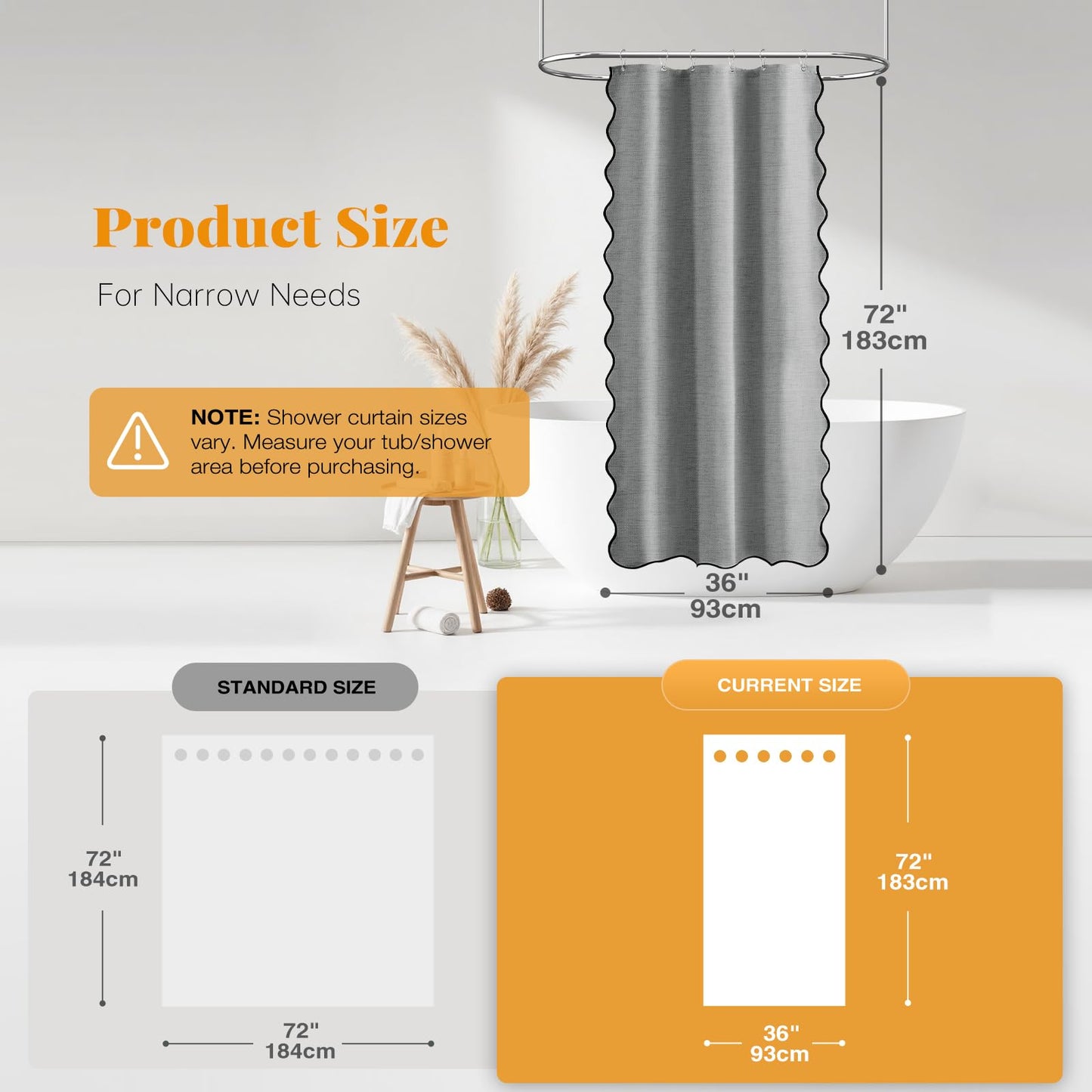 BTTN Narrow Scalloped Shower Curtain, Waterproof, 93x183cm, Grey