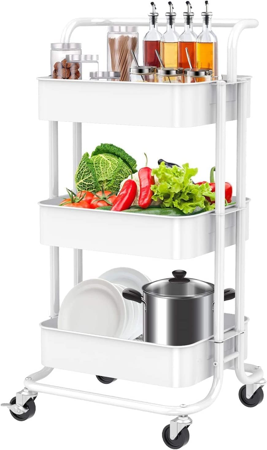 lamde 3-Tier Metal Rolling Utility Cart with Handle, Utility Organizer Cart-Multi-Functional Storage Trolley for Office, Living Room, Kitchen
