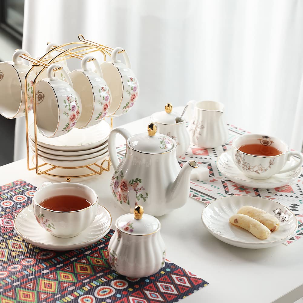 Sweejar Home Porcelain Tea Set Royal Family 225 ml to Cups and Saucers with Teapot Sugar Bowl Milk Jug Ceramic Tea and Coffee Cups (Rose Flower)