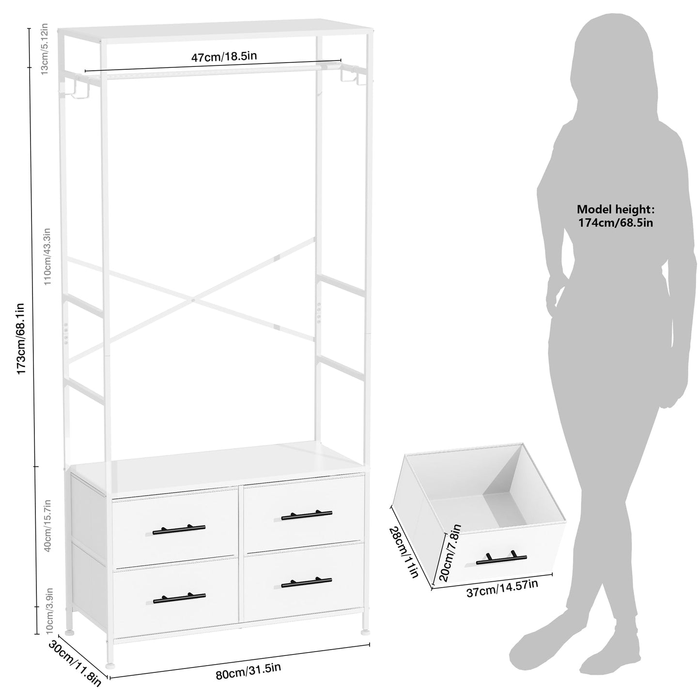 MYGIIVOVO Open Wardrobe, Clothes Rail with Drawers for Bedroom, with 4 White Fabric Drawers, 4 Side Hooks and Metal Frame 30D x 80W x 172H cm