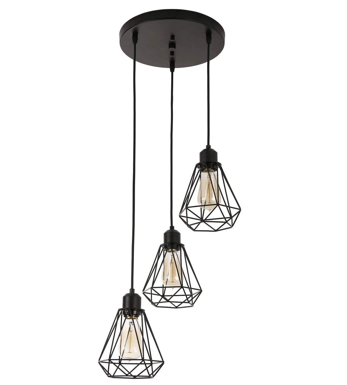 Timi Home Industrial 3-Light Pendant Light, Flush Mount Ceiling Light Fixture with Black Metal Cage Shade, Vintage Hanging Pendant Lighting for