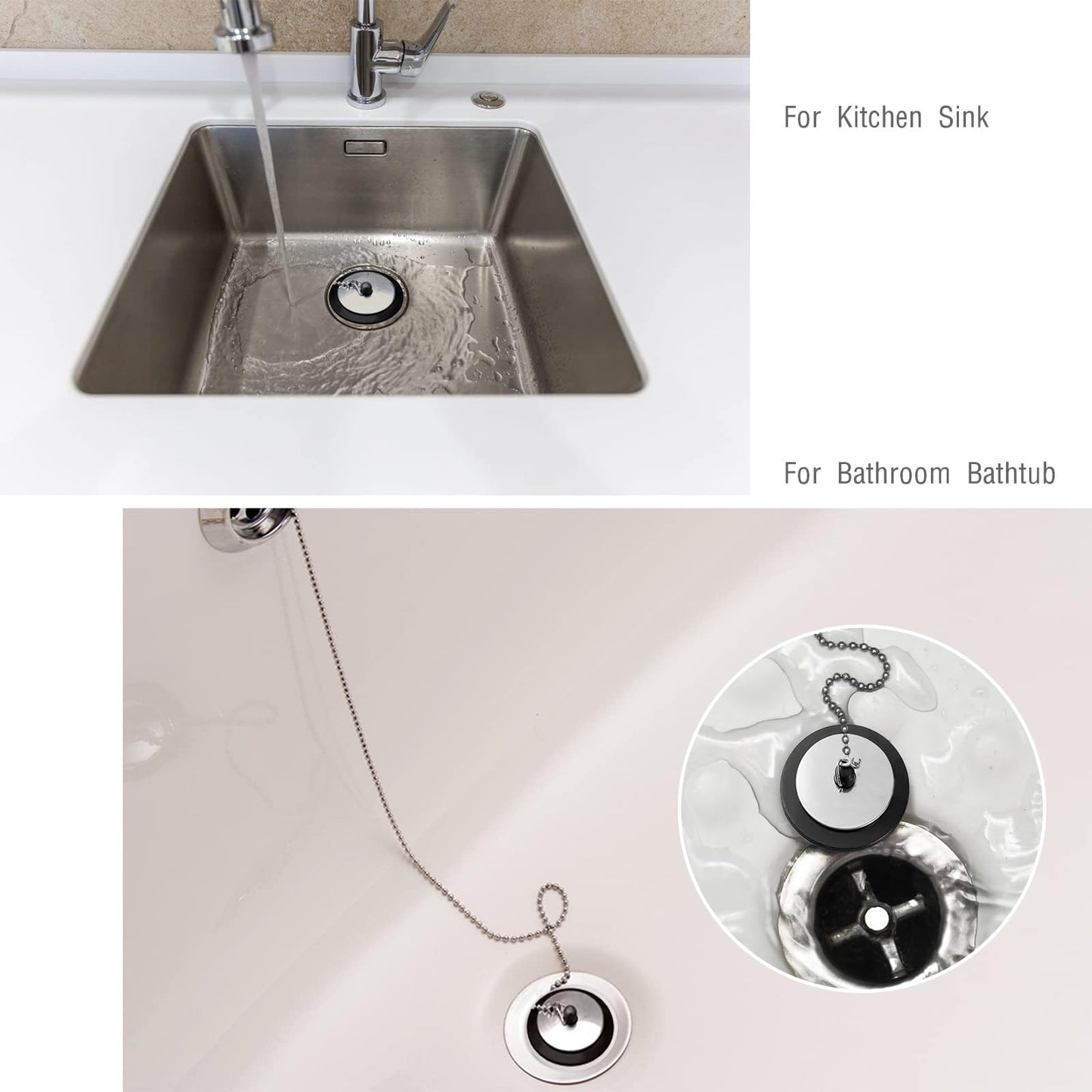 3 Pcs Universal bath plug with Chain, Bathroom Sink Plug Replacement, Drain Stopper for Bathroom Kitchen (Size 1.7in, Chain 15.7in)
