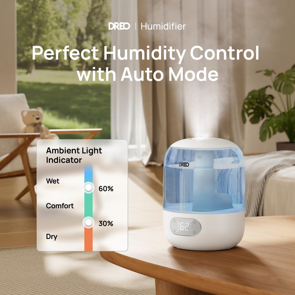 Dreo Humidifier for Bedroom with Sensor, 26dB Quiet Cool Mist Ultrasonic Humidifiers for Home, 360 Nozzle, 30H Runtime, Ambient Light Indicator,