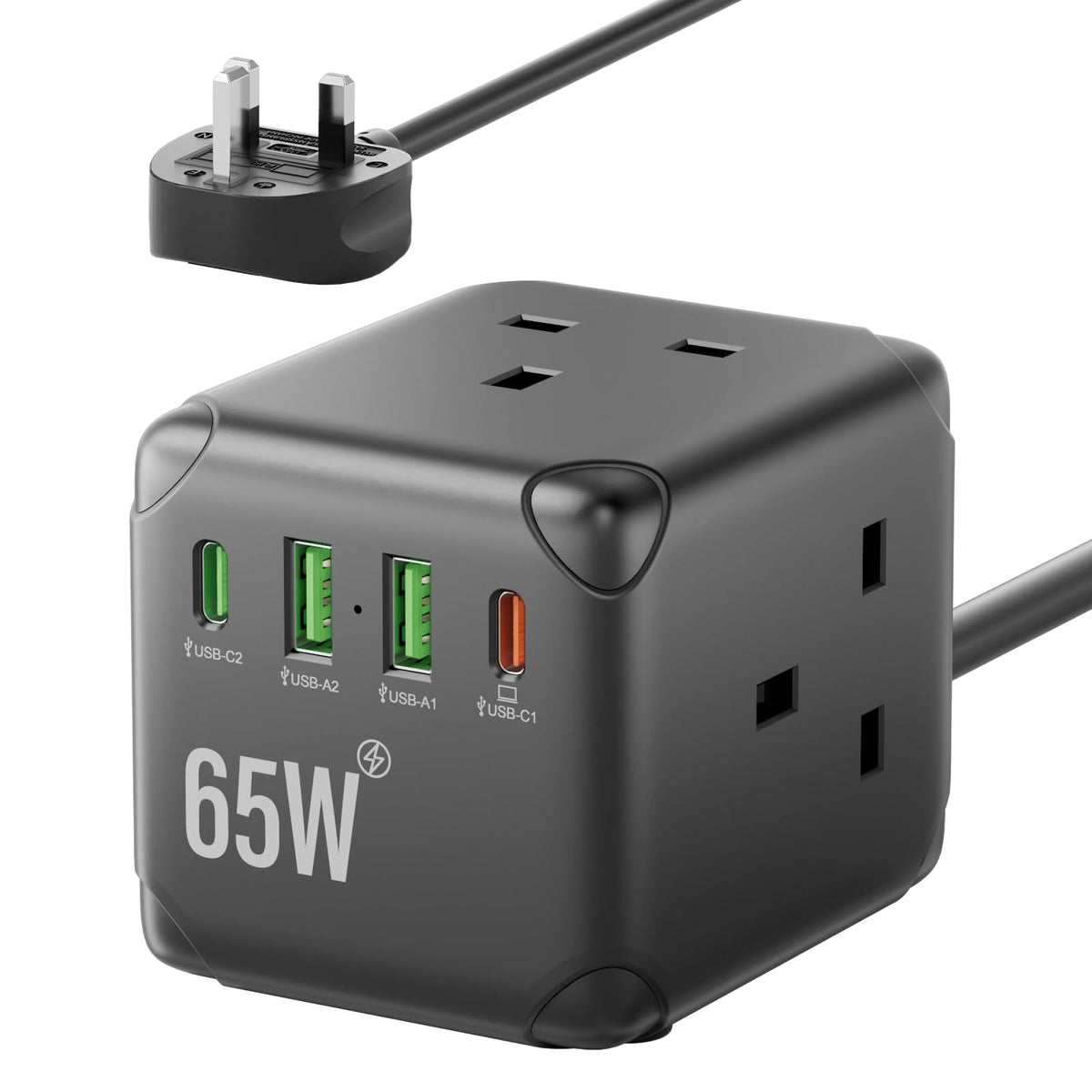 Cube Extension Lead with USB C PD65W, 3 Way Multi Plug Power Strip with 2 USB-A & 2 USB-C Ports, UK Extension Socket with Switch, 13A Fused Plug, 1.5M