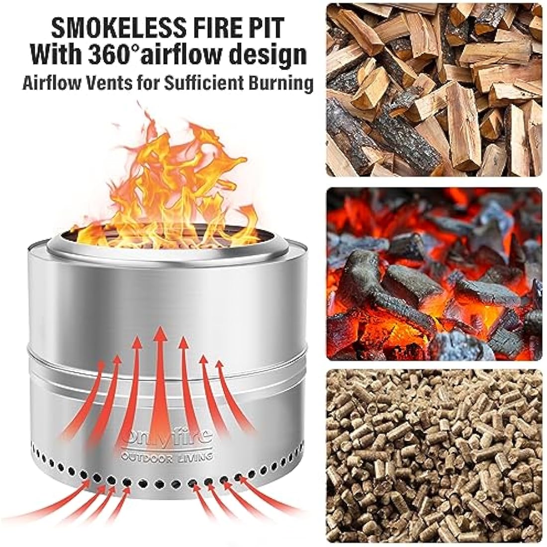 Onlyfire Φ50 cm Smokeless Fire Pit Wood Burning, Stainless Steel Portable Outdoor Bonfire Stove with Carrying Bag for Camping, Tailgating, Patio, Backyard Party and Beach