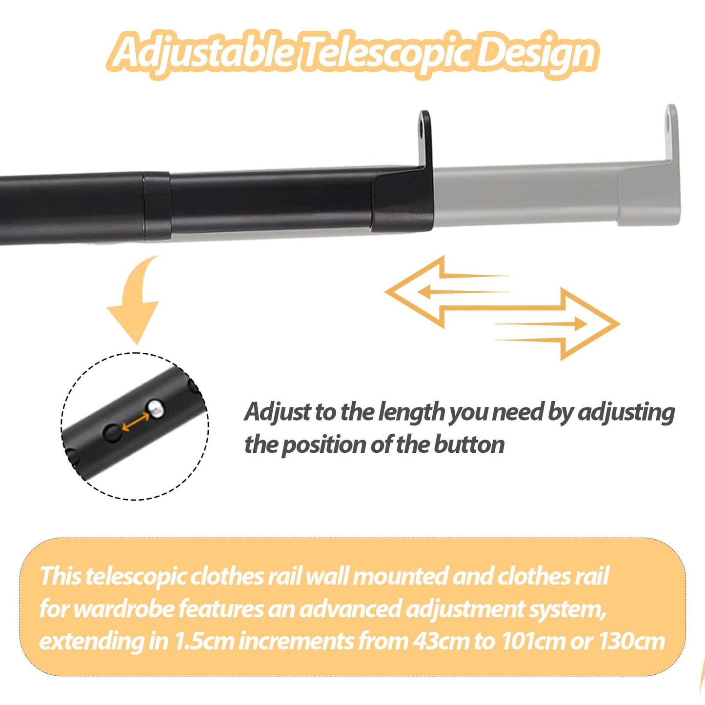 Adjustable Pole For Wardrobe, Heavy Duty Hanging Rail Wall Mounted with 2 Brackets, Stainless Steel Clothes Rail Wall Mounted