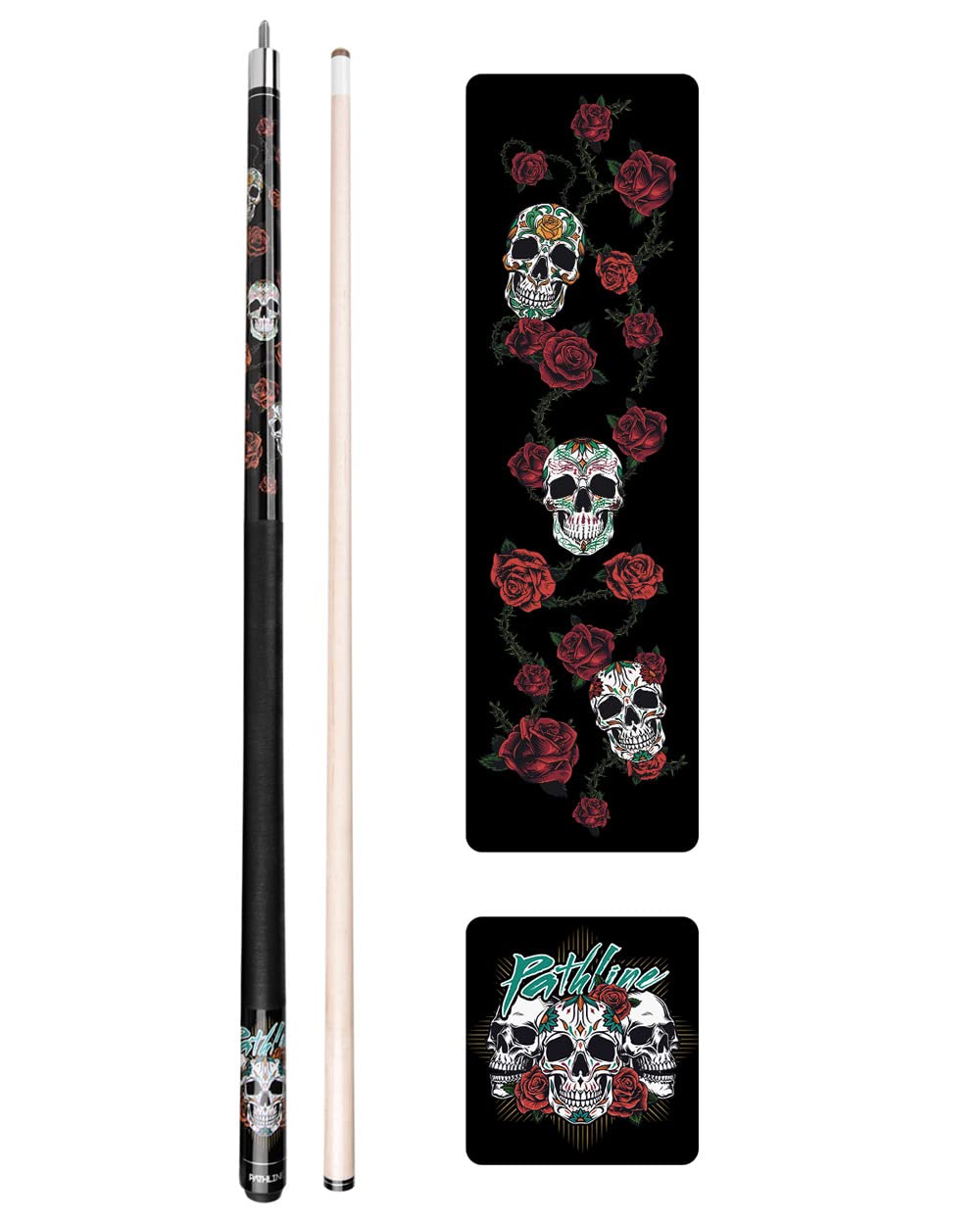 Pathline PL518 Pool Cue Stick - 58" Canadian Maple 13mm Tip Billiard Pool Stick(Black/Skull - 19oz)