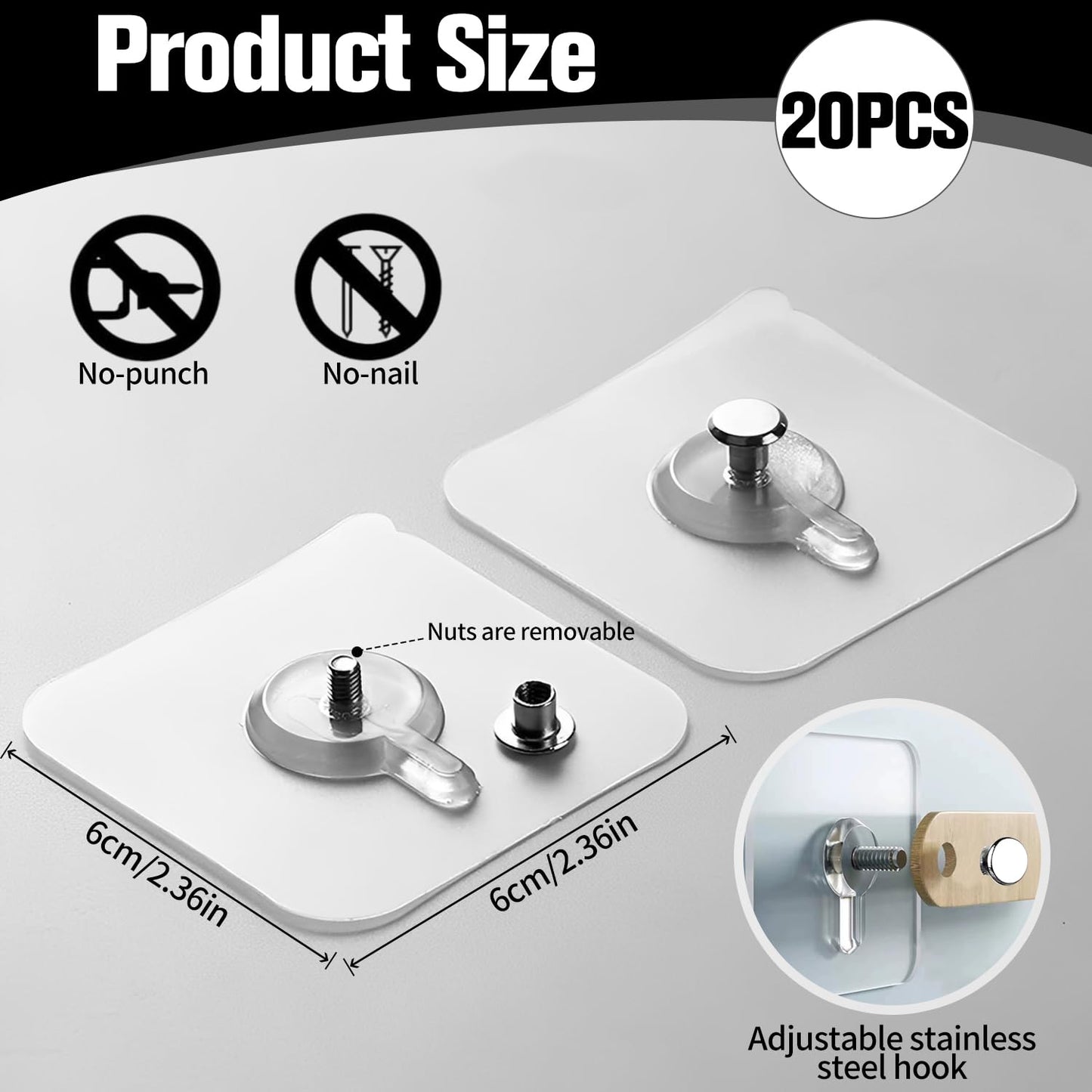 Solvayne 20Pcs Clear Adhesive Hooks for Damage-Free Wall Mounting, No Drilling Needed, Strong Hold for Frames & Decor