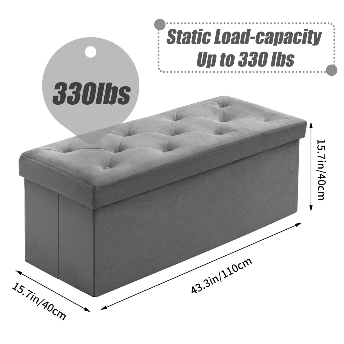 BRIAN & DANY Folding Storage Ottoman Bench, Velvet Large Ottoman Storage Box for Living Room and Bedroom 110 x 40 x 40 cm - Gray