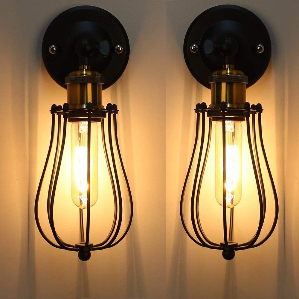 Chrasy Wall Lamp Vintage Industrial Adjustable Metal E27 Base Wall Sconce Antique Wire Cage Rustic Retro Style for Bedroom Living Room Dining Table, 2