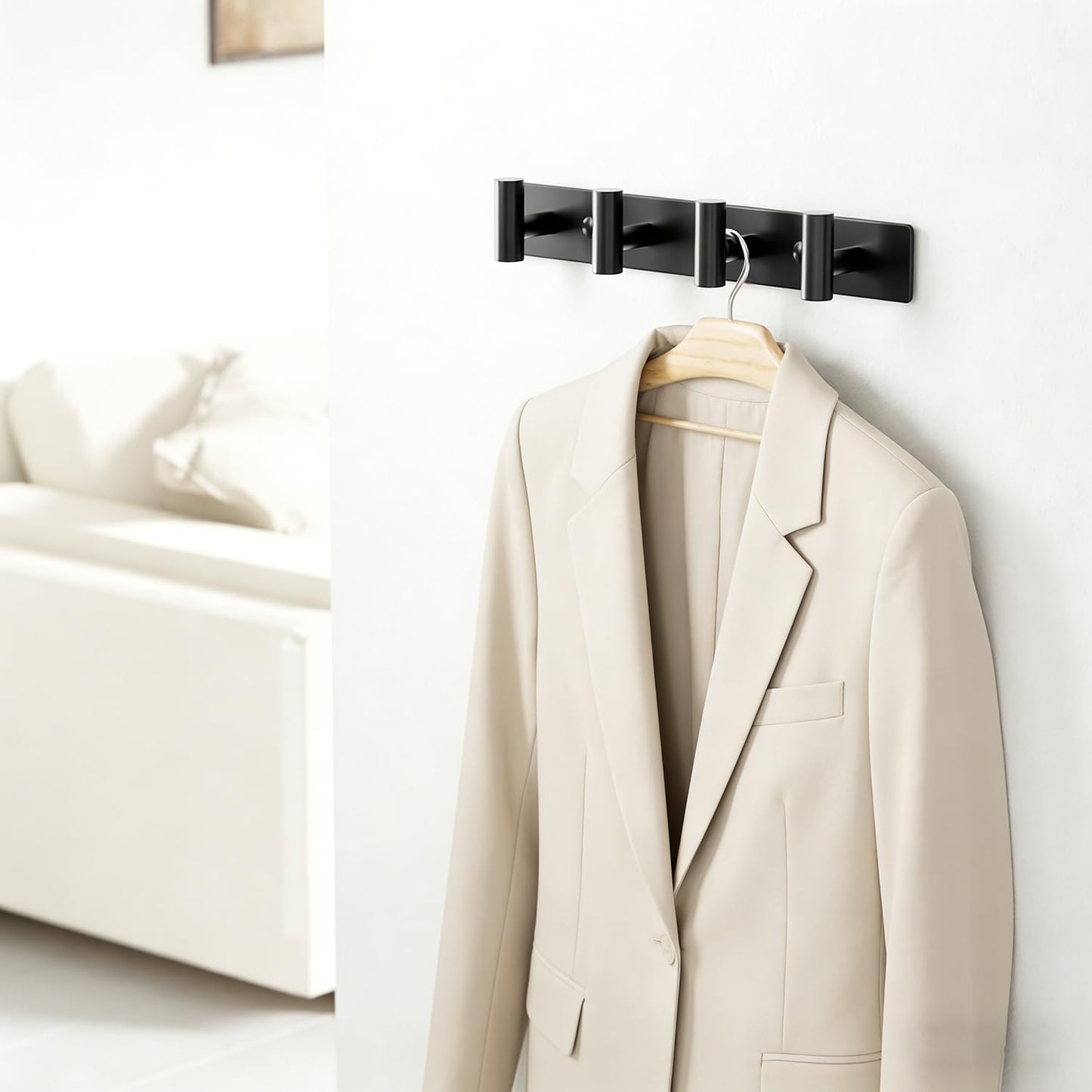 Black Wall Mounted Coat Rack – 4 T-Shaped Hooks on 12.6" Metal Rail (1 Pcs)