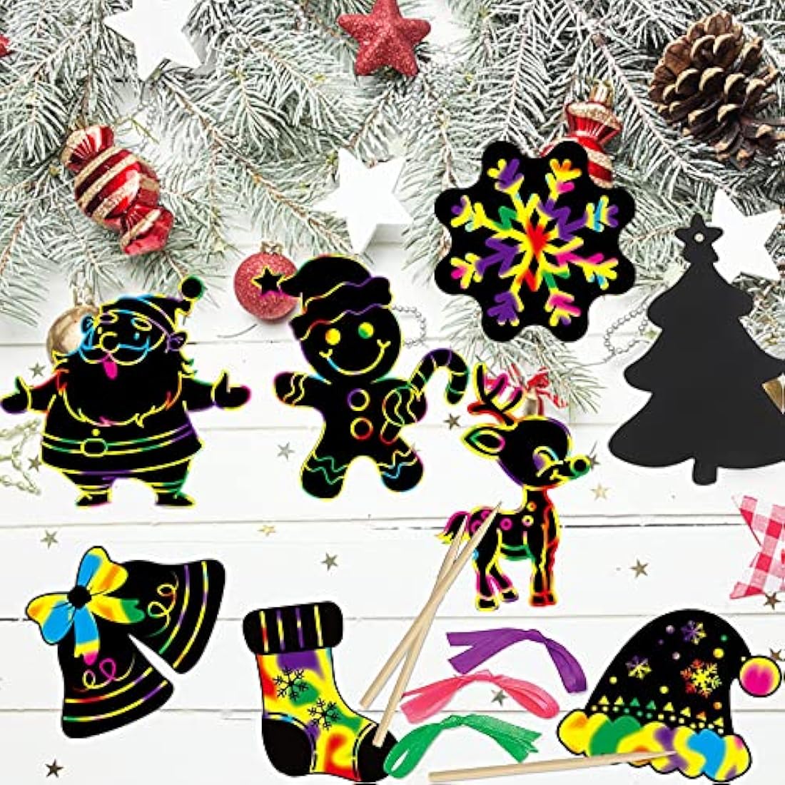 VEYLIN 48 Pieces Christmas Scratch Art Hanging Decorations, Christmas Scratch Papers with 48 Pieces Ribbons for Kids Party Bag Fillers
