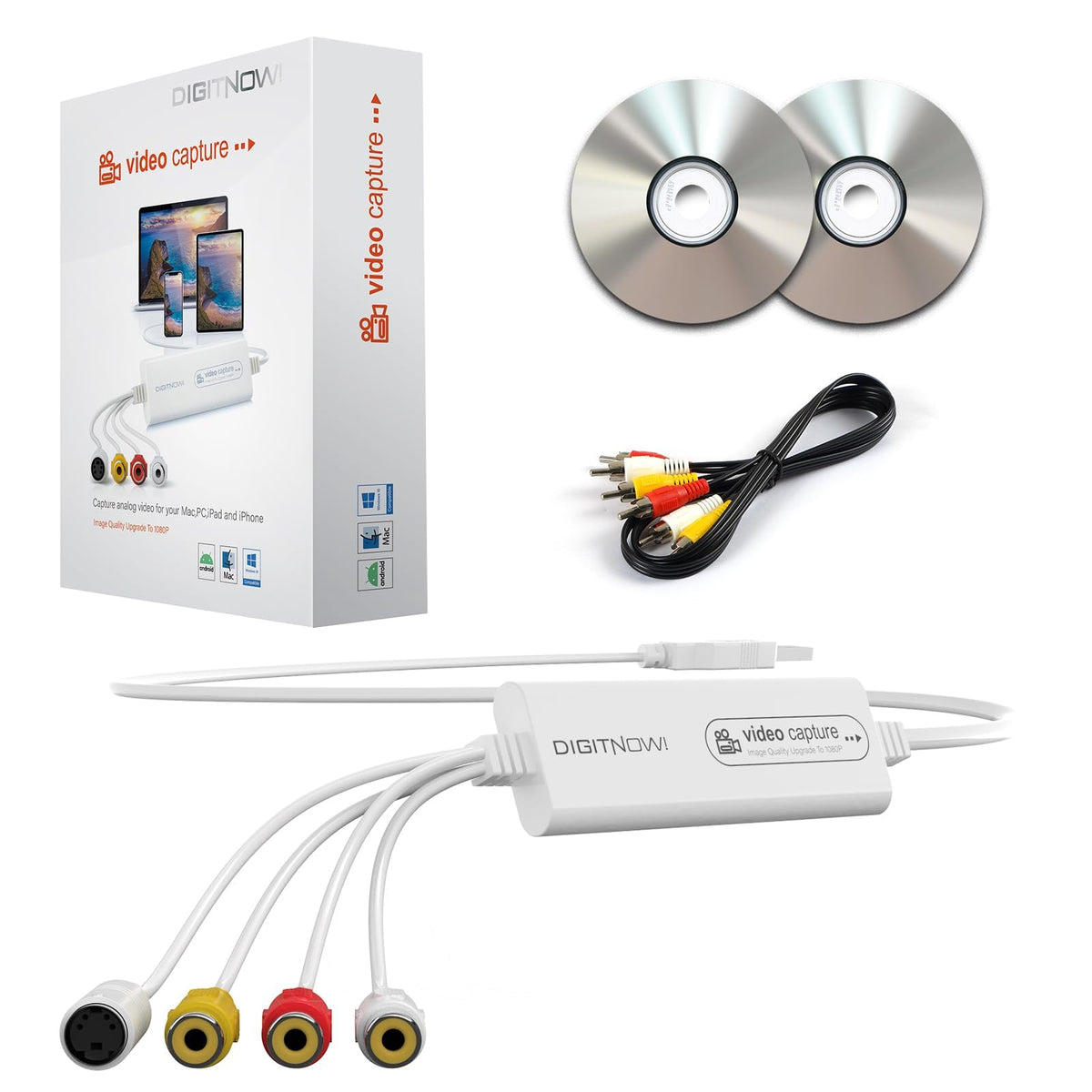 VHS to Digital Converter, USB Video Capture Card, Video Capture Device, RCA TO USB Converter,Convert VHS VCR Hi8 Mini DV to Digital/DVD,For Tape