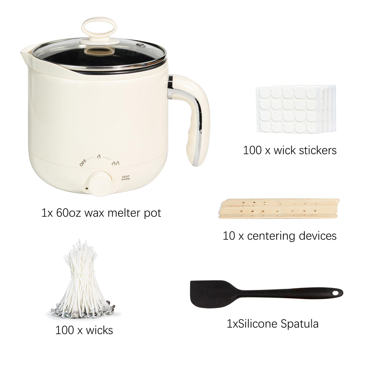 Wax Melter for Candle Making Large 1.8L Electric Wax Melter with Pouring Spout Candle Making Kit for Adults - Wicks, Wick Stickers, Centering Device,