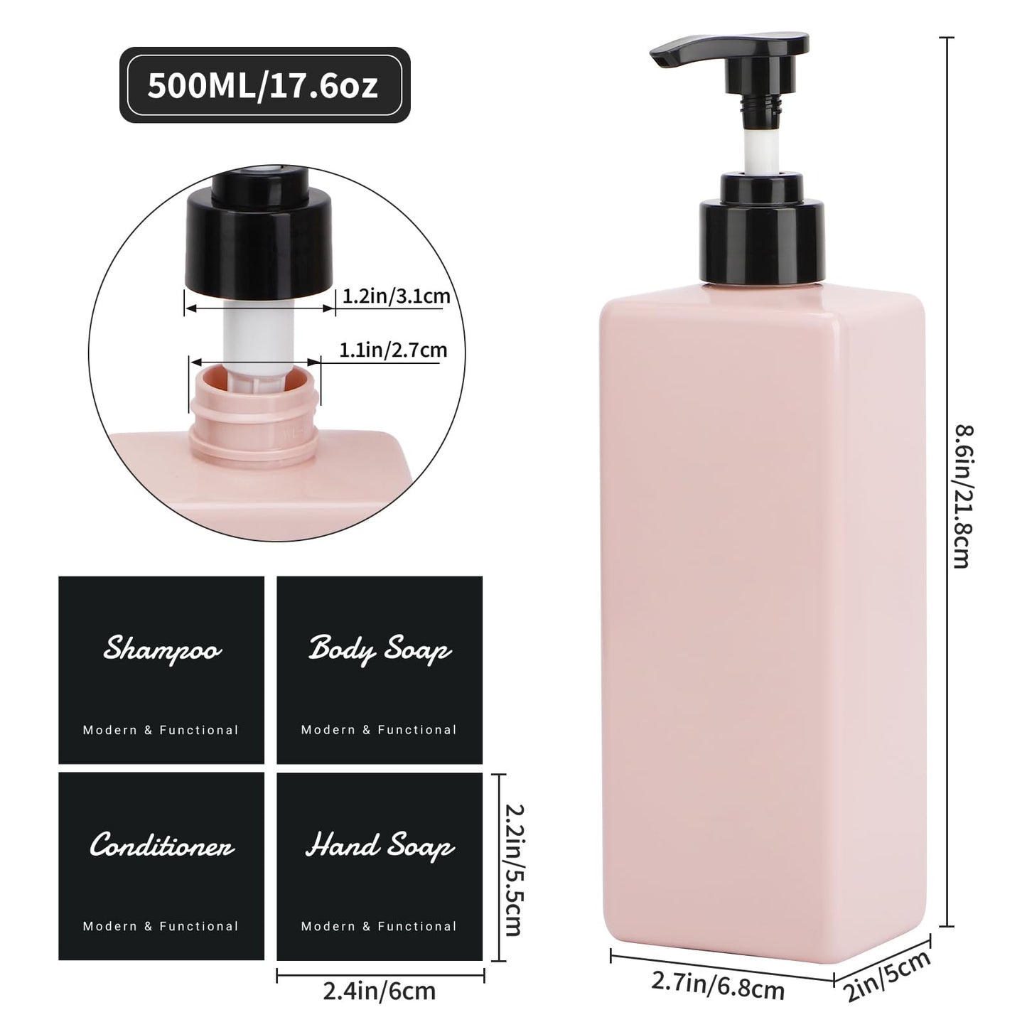 Segus Hand Soap Dispenser, 3 Pieces 500ml Soap Dispenser Kitchen, Empty Shampoo Bottles, Shower Dispensers with Labels