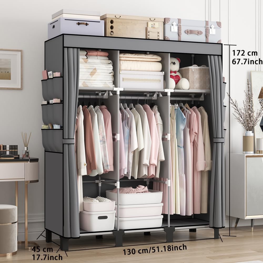 dongliangqinying Portable Fabric Wardrobe, 130x45x170cm Foldable Closet with 3 Hanging Areas and 18 Side Pockets