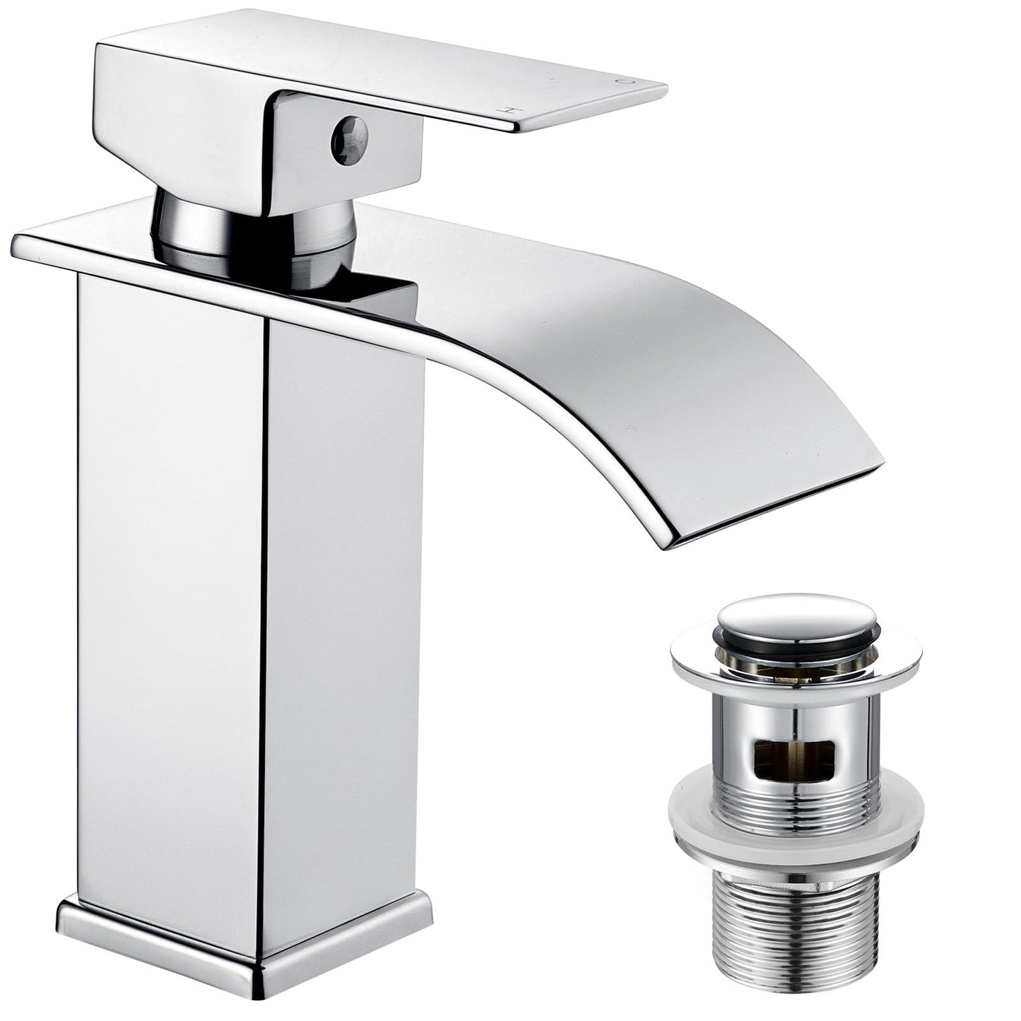 Peppermint Basin Taps Mixers Waterfall with Slotted Pop-up Waste Bathroom Sink Mixer Tap Square Stainless Steel Monobloc 1 Hole with G1/2'' Hoses