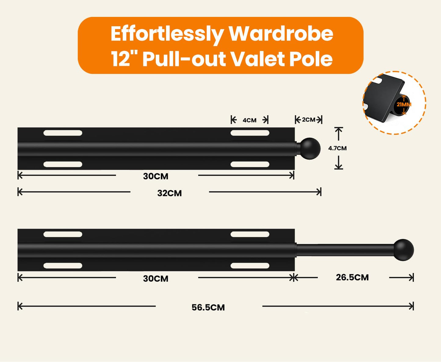 Widyana Telescopic Wardrobe Rail | Extendable Valet Rod for Clothes (12”) | Adjustable Pull-Out Hanging Rail for Suits & Next-Day Outfits, Black