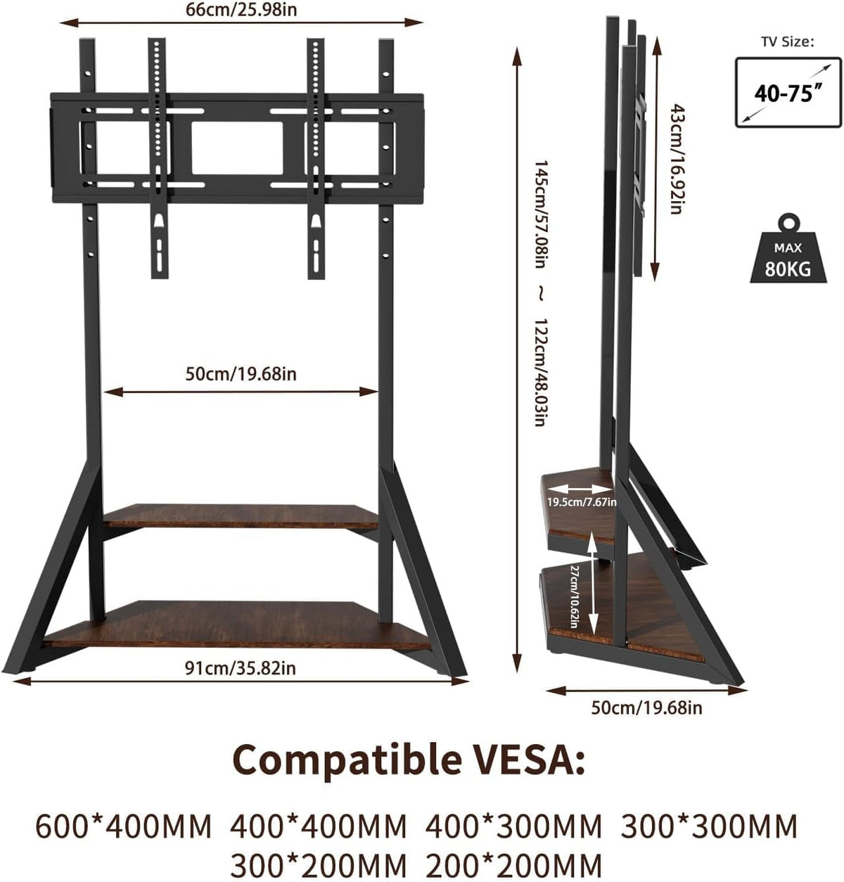 unho Floor TV Stand with Shelves, No Drill Mount for 40-75 Inch TVs