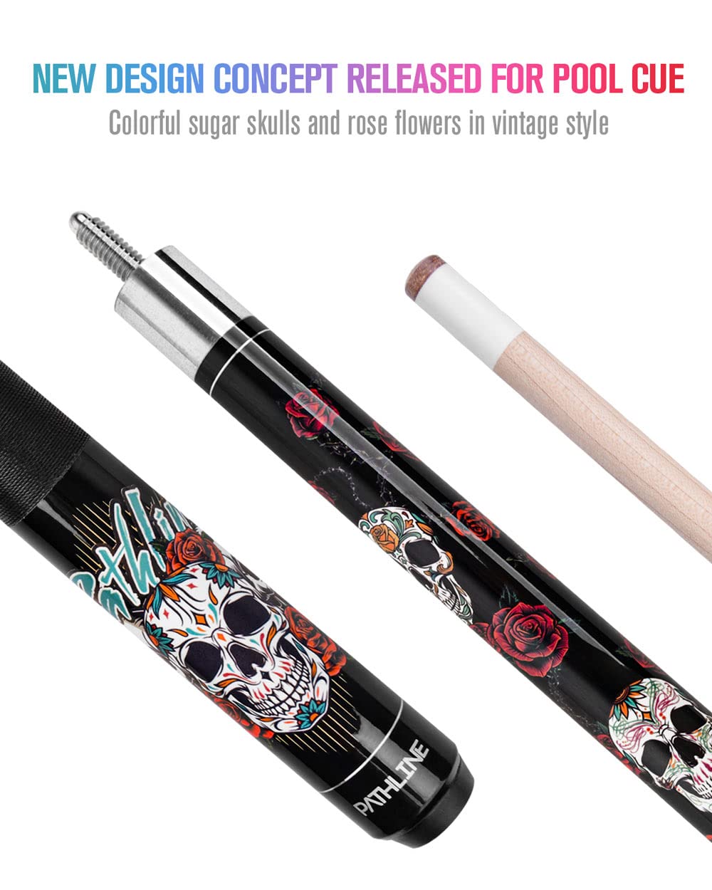 Pathline PL518 Pool Cue Stick - 58" Canadian Maple 13mm Tip Billiard Pool Stick(Black/Skull - 21oz)
