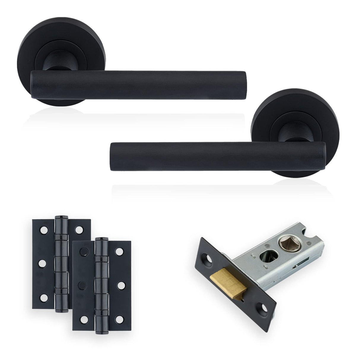 XFORT Matt Black Liberty Lever On Rose Latch Pack, Complete Set with T-Bar Door Handles, 65mm Tubular Latch and 75mm Ball Bearing Hinges, Door Handle
