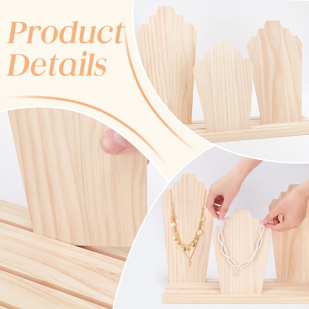 PH PandaHall Wood Necklace Display Stands with 3-Row Holder and 3 Removable Displays Wood Plank Necklace Holder Bust Easel Jewellery Stand for